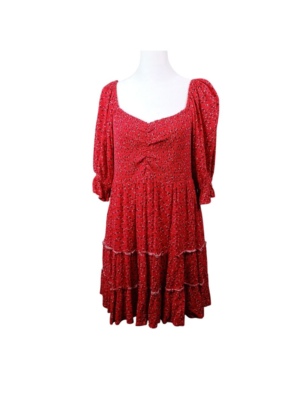 White Birch Red Floral Smock Tiered Sweetheart Neck Prairie‎ Dress L Cottagecore